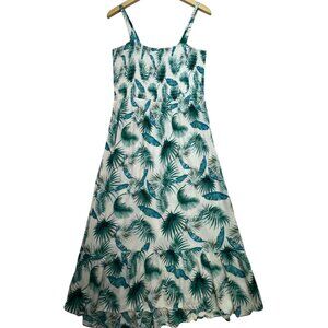 Knox Rose Womens Palm Print Midi Dress L White Green Strappy Smocked Bodice